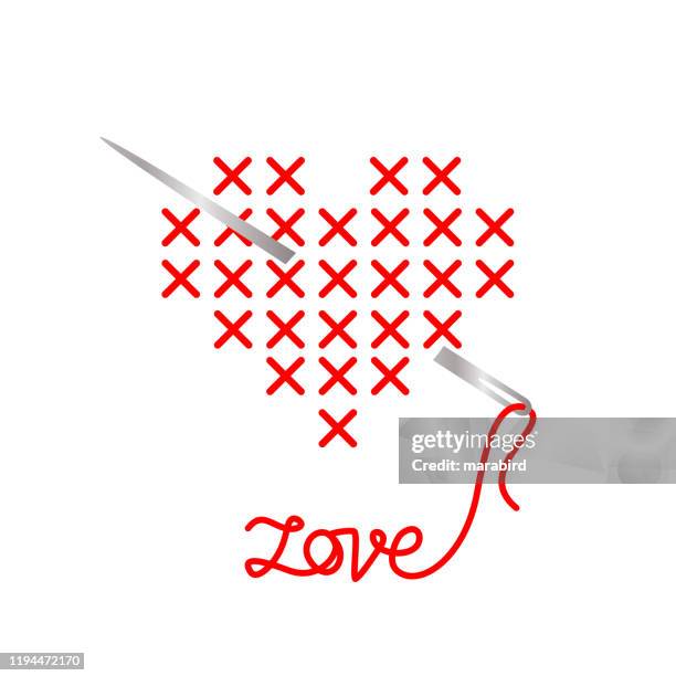 stickerei herz liebe amor pfeil nadel - roter faden stock-grafiken, -clipart, -cartoons und -symbole