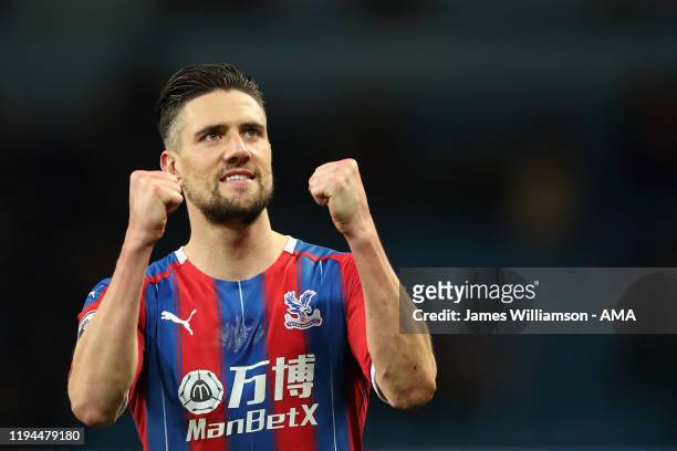 Martin Kelly of Crystal Palace celebrates at full time of the Premier League match between Manchester City and Crystal Palace at Etihad Stadium on...