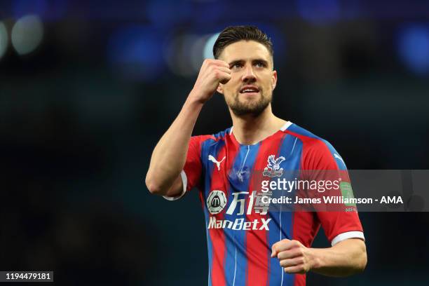 Martin Kelly of Crystal Palace celebrates at full time of the Premier League match between Manchester City and Crystal Palace at Etihad Stadium on...