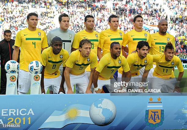 The starting line-up of the Brazilian national football team poses for photographers before the start of their 2011 Copa America quarter-final...