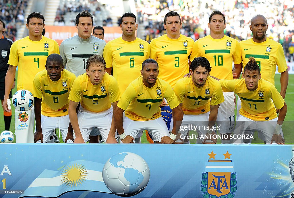 Brazilian team pose before a 2011 Copa A