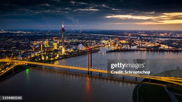 düsseldorf citycape, germany - aerial - düsseldorf skyline stock-fotos und bilder