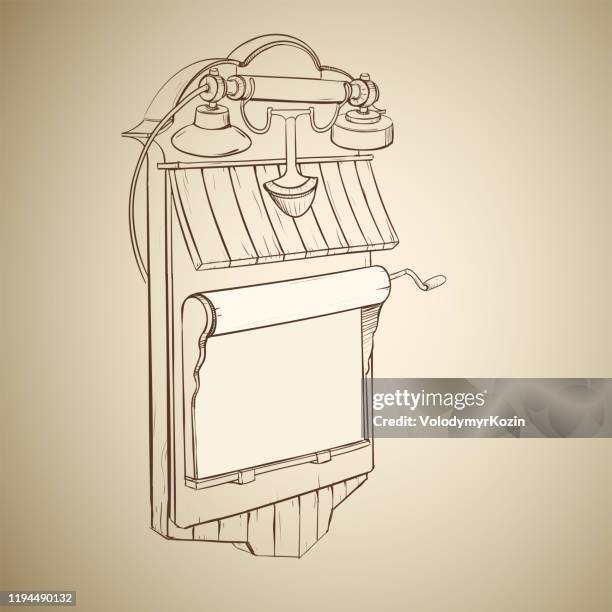 vector illustration of retro wall phone made in a thumbnail style - home study table stock illustrations