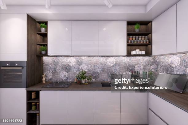 interni moderni della cucina bianca - piccoli elettrodomestici foto e immagini stock