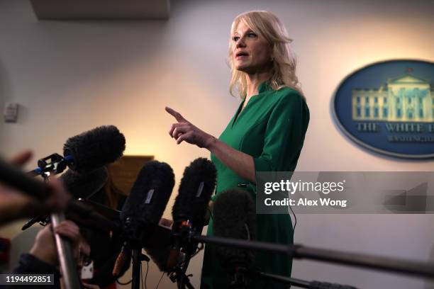 White House Senior Counselor Kellyanne Conway speaks to members of the media in the James Brady Press Briefing Room of the White House December 17,...