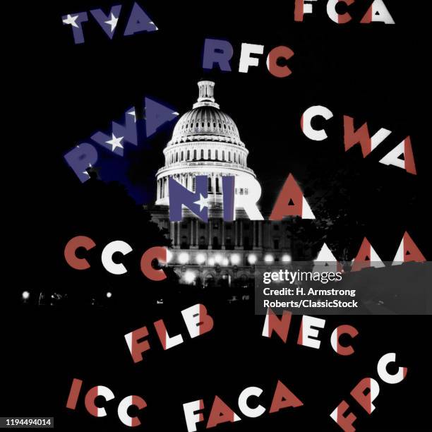 1930s CAPITOL AT NIGHT WITH OVERLAY OF ALPHABET ACRONYMS OF NEW DEAL GREAT DEPRESSION RECOVERY PROGRAMS WASHINGTON DC USA