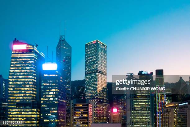 view night downtown cityscape of hong kong - cheung kong centre stock pictures, royalty-free photos & images