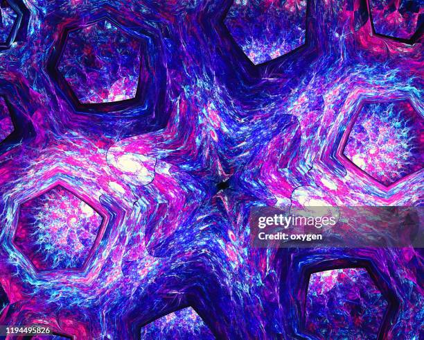 futuristic hexagonal shapes tunnel glowing abstract fantasy ultra violte neon bexagon flowers - ultraviolett stock-fotos und bilder