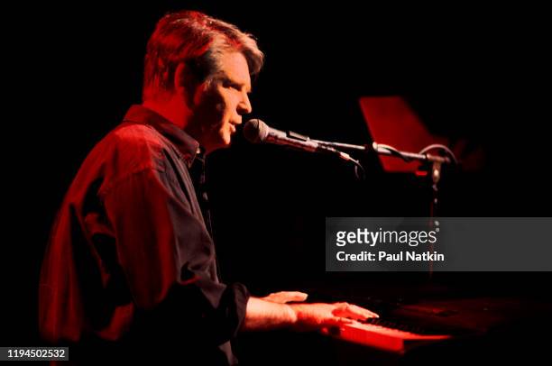 American Rock and Pop musician Brian Wilson plays keyboards as he performs onstage at the Roxy Theater, Los Angeles, California, April 7, 2000.