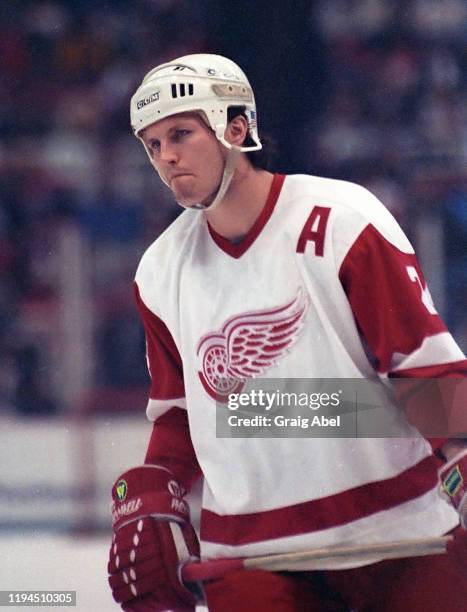 Bob Probert of the Detroit Red Wings skates against the Toronto Maple Leafs during NHL game action on March 22, 1991 at Joe Louis Arena in Detroit,...