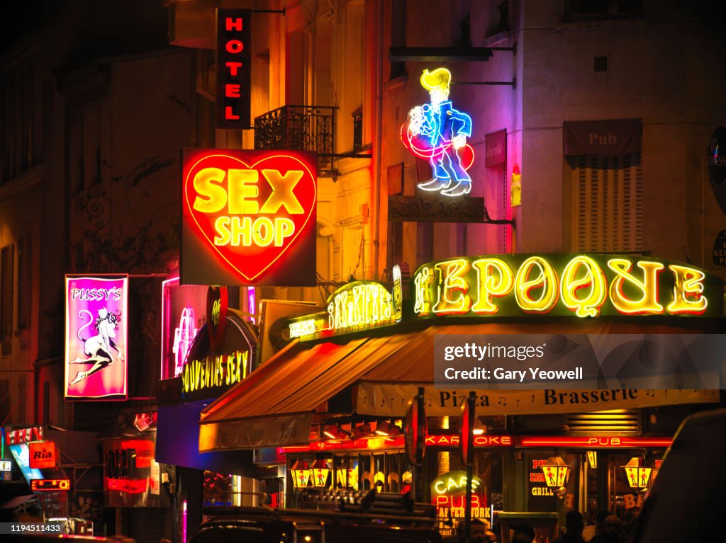 Pigalle district in Paris at night