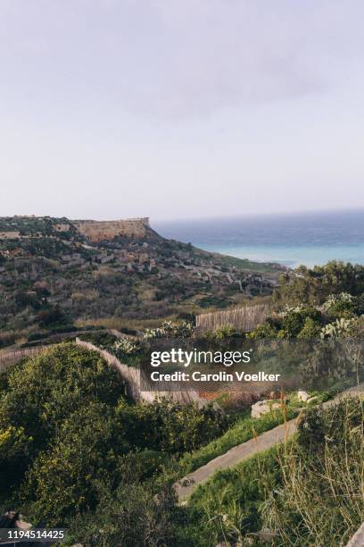 san blas bay from above with the street leaning down to the beach, gozo island, malta - gozo malta stock pictures, royalty-free photos & images