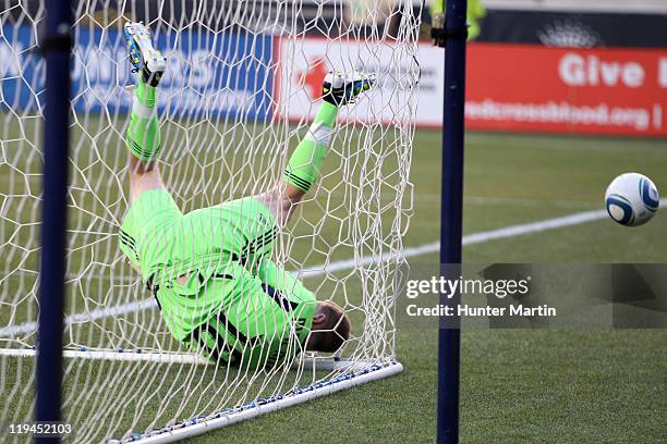 Goalkeeper Zac MacMath of the Philadelphia Union makes a save during a game against Everton at PPL Park on July 20, 2011 in Chester, Pennsylvania.