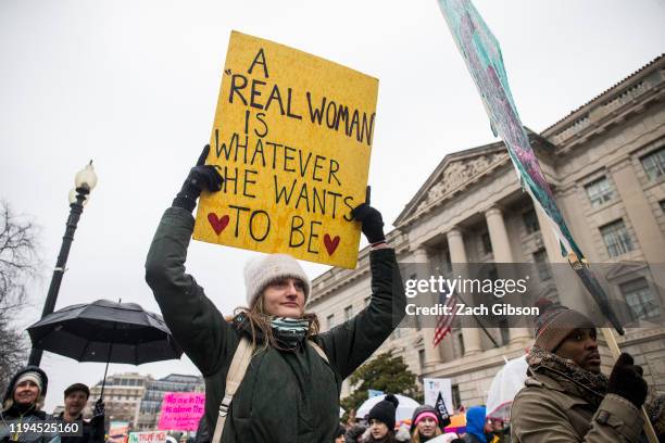 Demonstrators carry signs during the 2020 Women's March on January 18, 2020 in Washington, DC. Marches were held nationwide in cities including New...