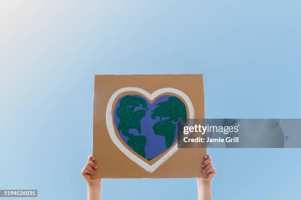 young environmental activist holding sign against blue sky - activists stock-fotos und bilder