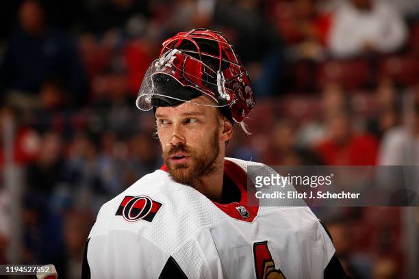 Goaltender Anders Nilsson of the Ottawa Senators skates back to the net after a break in the action against the Florida Panthers at the BB&T Center...