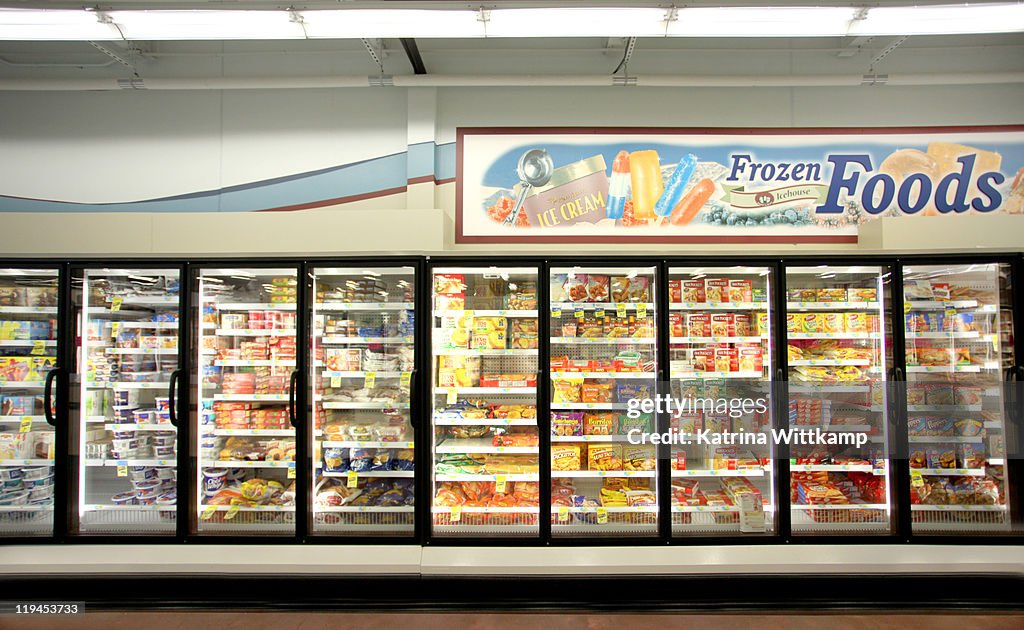 Frozen food department of grocery store.