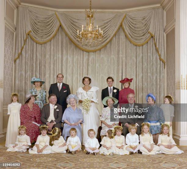 Nicholas Soames wedding group, Catherine Weatherall - Prince of Wales and Lady Diana Spencer Queen Elizabeth the Queen Mother, Princess Margaret,...