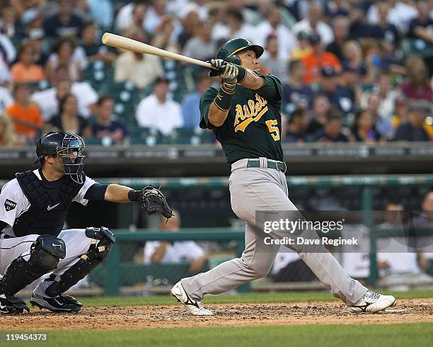 Hideki Matsui of the Oakland Athletics hit a home run in the sixth inning against the Detroit Tigers during an MLB game at Comerica Park on July 20,...