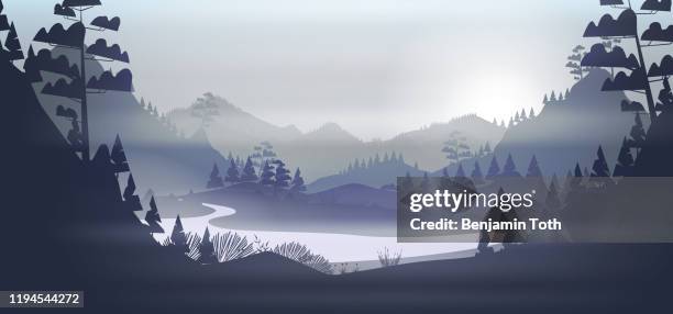 lake in a cold pine forest, and mountains - nature winter landscape stock illustrations