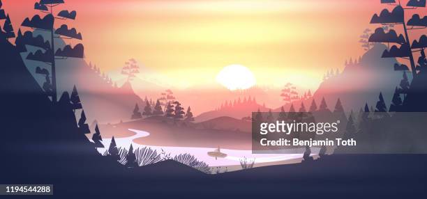 stockillustraties, clipart, cartoons en iconen met meer met boot in een dennenbos en bergen bij zonsondergang - kanoën
