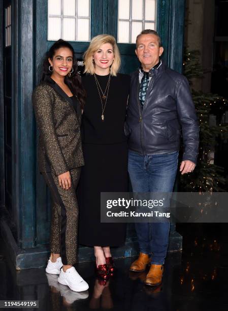 Mandip Gill, Jodie Whittaker, and Bradley Walsh attend a photocall for the new series launch of "Doctor Who" at BFI Southbank on December 17, 2019 in...