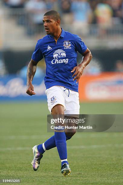 Forward Jermaine Beckford of Everton looks on during a game against the Philadelphia Union at PPL Park on July 20, 2011 in Chester, Pennsylvania. The...