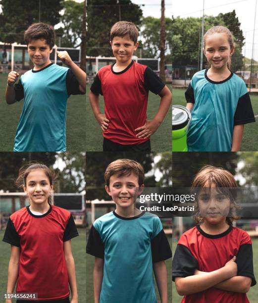 multiple portrait composite of young mixed boys and girls soccer players - athlete montage stock pictures, royalty-free photos & images