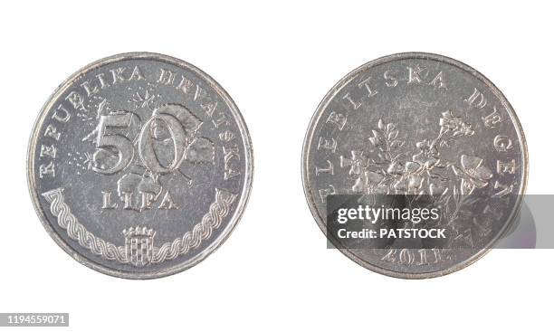 croatian fifty lipa coin obverse and reverse - croatian kuna stock pictures, royalty-free photos & images