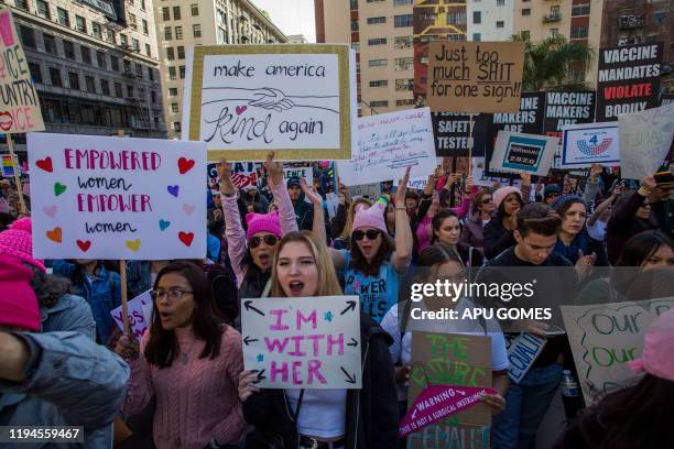 Marchers fill Pershing Sqaure during the Women's March on January 18, 2020 in Los Angeles, California.