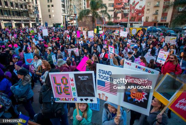 Marchers fill Pershing Sqaure during the Women's March on January 18, 2020 in Los Angeles, California.
