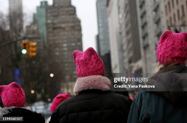 People participate in the annual Women's March on January 18, 2020 in New York City. In the fourth iteration of the Women’s March, thousands are...