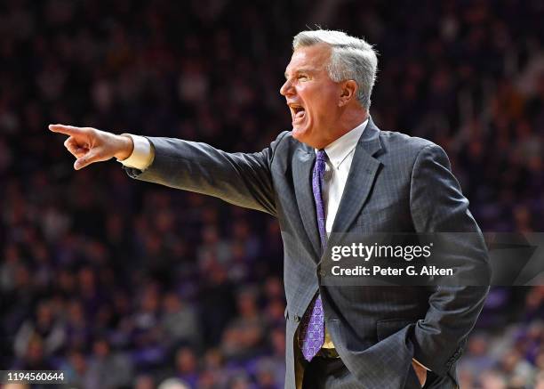 Head coach Bruce Weber of the Kansas State Wildcats call out instructions during the second half against the West Virginia Mountaineers at Bramlage...