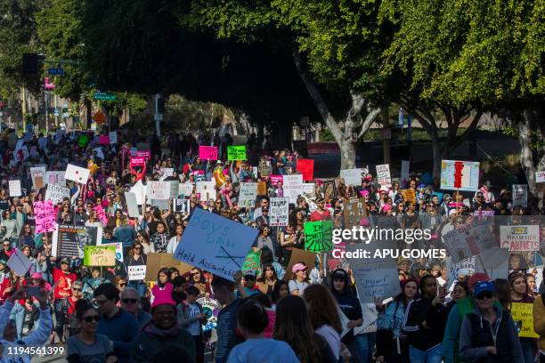 Marchers fill First Street during the Women's March on January 18, 2020 in Los Angeles, California.