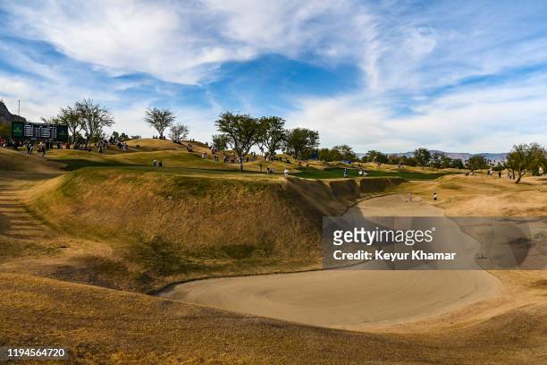 Course scenic view as Bud Cauley hits out of the greenside bunker on the 16th hole during the third round of the The American Express on the Stadium...