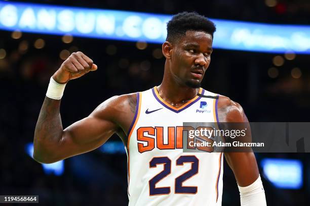 Deandre Ayton of the Phoenix Suns reacts during a game against the Boston Celtics at TD Garden on January 18, 2020 in Boston, Massachusetts. NOTE TO...