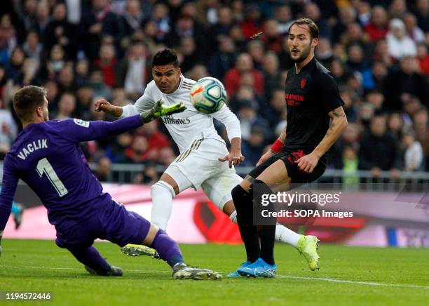 Real Madrid CF's Carlos H. Casemiro seen in action during the Spanish La Liga match round 20 between Real Madrid and Granada CF at Santiago Bernabeu...