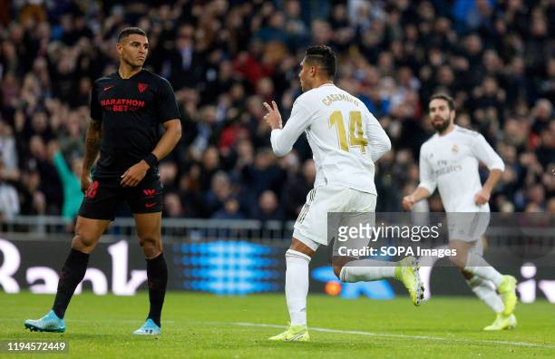 Real Madrid CF's Carlos H. Casemiro celebrates after scoring a goal during the Spanish La Liga match round 20 between Real Madrid and Granada CF at...