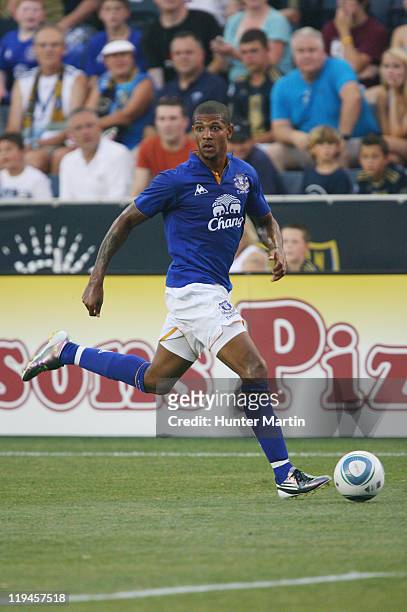Forward Jermaine Beckford of Everton controls the ball during a game against the Philadelphia Union at PPL Park on July 20, 2011 in Chester,...