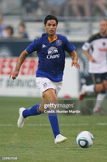 Midfielder Mikel Arteta of Everton controls the ball during a game against the Philadelphia Union at PPL Park on July 20, 2011 in Chester,...