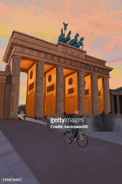 ilustrações, clipart, desenhos animados e ícones de porta de brandenburg no por do sol, berlim, alemanha - land brandenburg