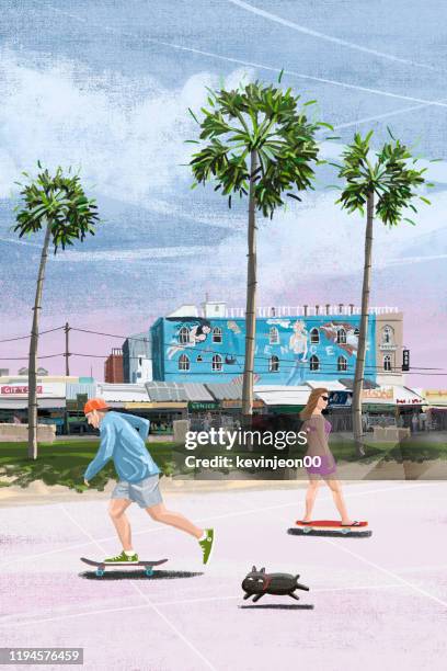 the los angeles venice beach with palm trees - venice beach shops stock illustrations