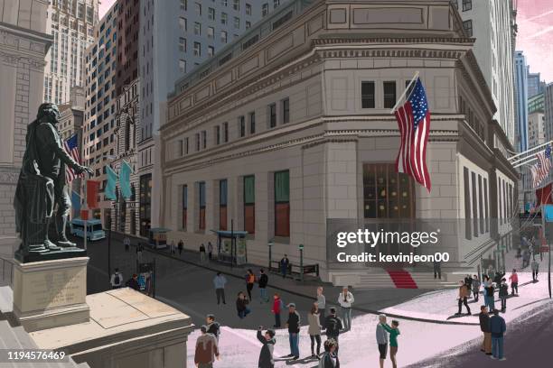 wall street, nyc - nasdaq building stock illustrations