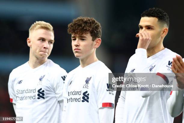 Tom Hill and Luis Longstaff of Liverpool FC line up ahead of the Carabao Cup Quarter Final match between Aston Villa and Liverpool FC at Villa Park...