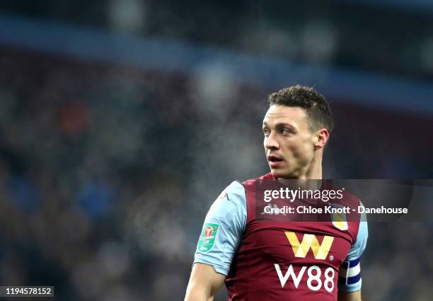 James Chester of Aston Villa during the Carabao Cup Quarter Final match between Aston Villa and Liverpool FC at Villa Park on December 17, 2019 in...