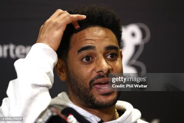 Corey Webster of the NZ Breakers speaks during a New Zealand Breakers NBL media announcement at Atlas Place on December 18, 2019 in Auckland, New...