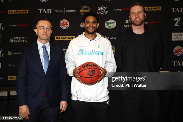 Breakers head coach Dan Shamir, Corey Webster and Breakers CEO Matt Walsh following a New Zealand Breakers NBL media announcement at Atlas Place on...