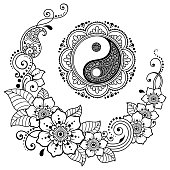 Circular mandala pattern for henna, mehndi, tattoo, decoration. Decorative ornament in Oriental style with Yin-Yang hand drawn symbol, flowers and ethnic floral ornaments. Coloring book page.