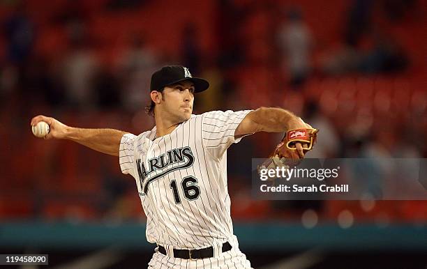 Bryan Petersen of the Florida Marlins pitches during a game against the San Diego Padres at Sun Life Stadium on July 20, 2011 in Miami Gardens,...