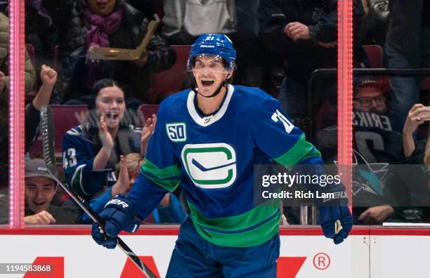 Loui Eriksson of the Vancouver Canucks celebrates after scoring a goal against the San Jose Sharks in NHL action on January 2020 at Rogers Arena in...